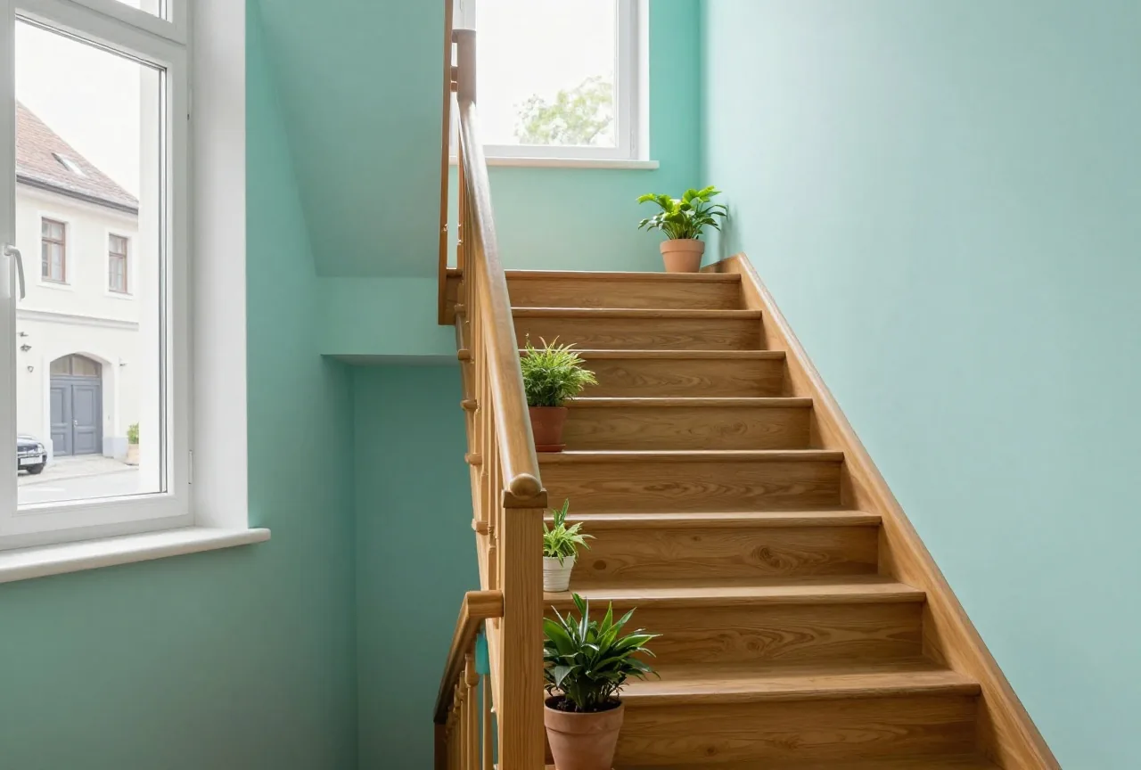 Eine Holztreppe in einem hellen Altbau mit Topfpflanzen auf mehreren Stufen im Nachmittagslicht