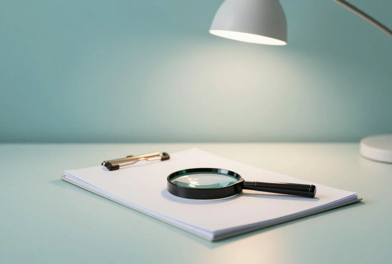 Eine Lupe liegt auf einer geschlossenen Mappe auf einem aufgeräumten Schreibtisch im warmen Licht einer Lampe