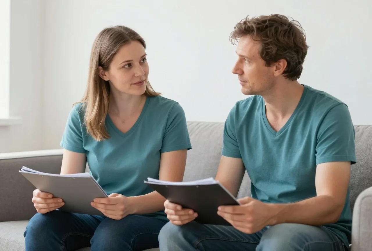 Ein Ehepaar in den Vierzigern sitzt mit Ordnern auf dem Sofa und unterhält sich im Nachmittagslicht