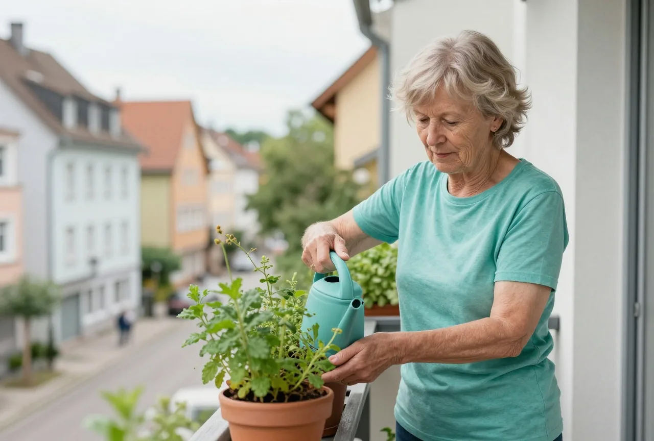 Eine Frau Ende sechzig gießt auf einem sonnigen Balkon Kräuter in Töpfen, im Hintergrund ein Holzgeländer