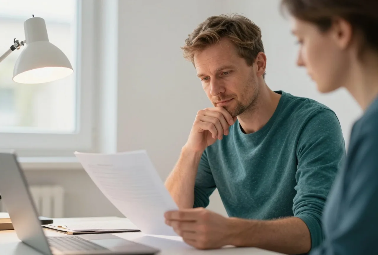 Ein Mann in den Vierzigern sitzt am Schreibtisch im Arbeitszimmer und liest aufmerksam einige Blätter durch