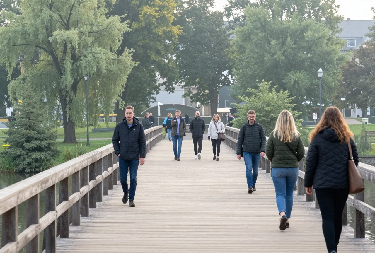 Eine breite Holzbrücke über einen ruhigen Fluss in einem grünen Park bei Morgendunst