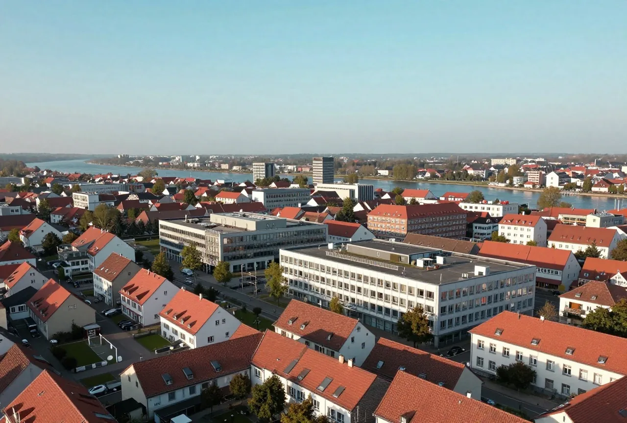 Luftbild einer mittelgroßen Stadt mit roten Dächern und einigen größeren Bürogebäuden an einem Fluss