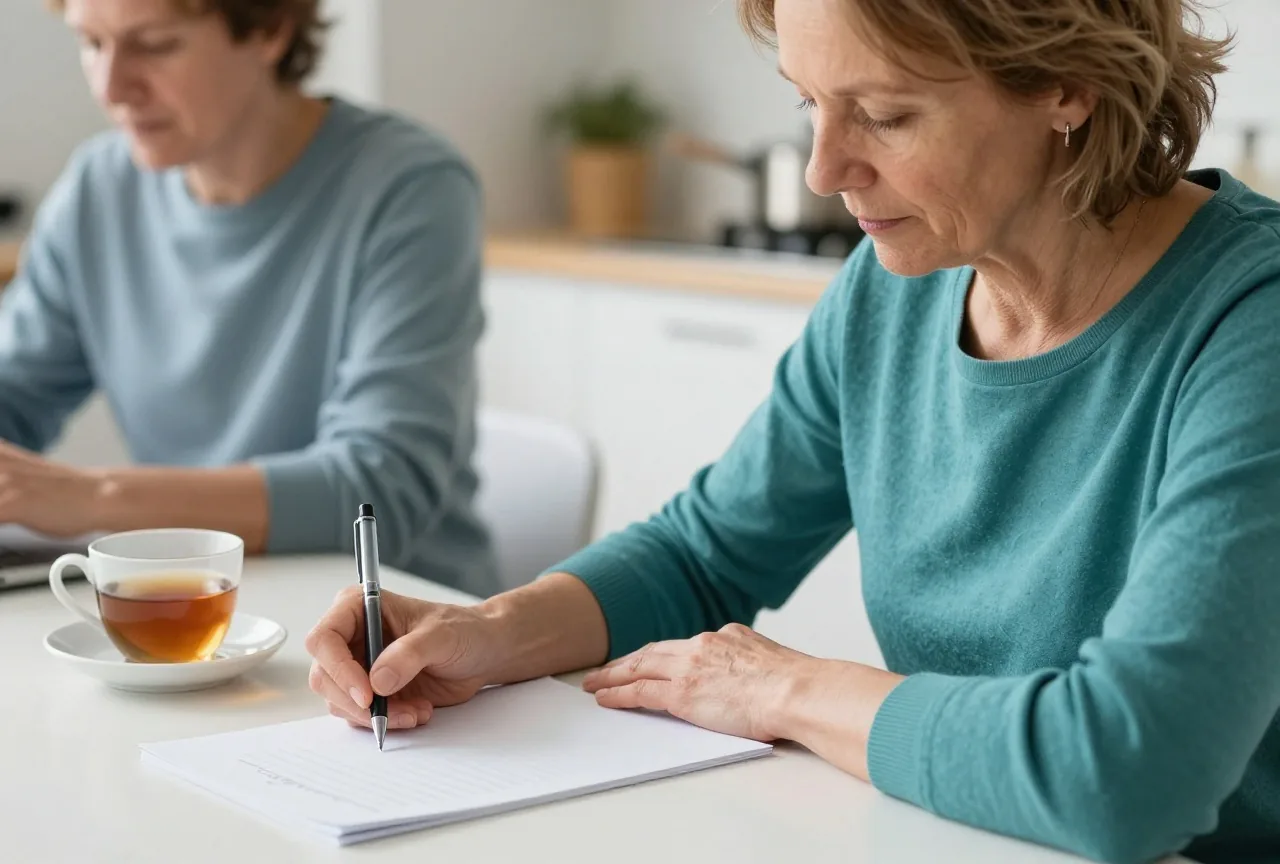 Eine Frau in den Sechzigern sitzt mit einem Stift über einem leeren Blatt am Küchentisch, daneben eine Tasse Tee