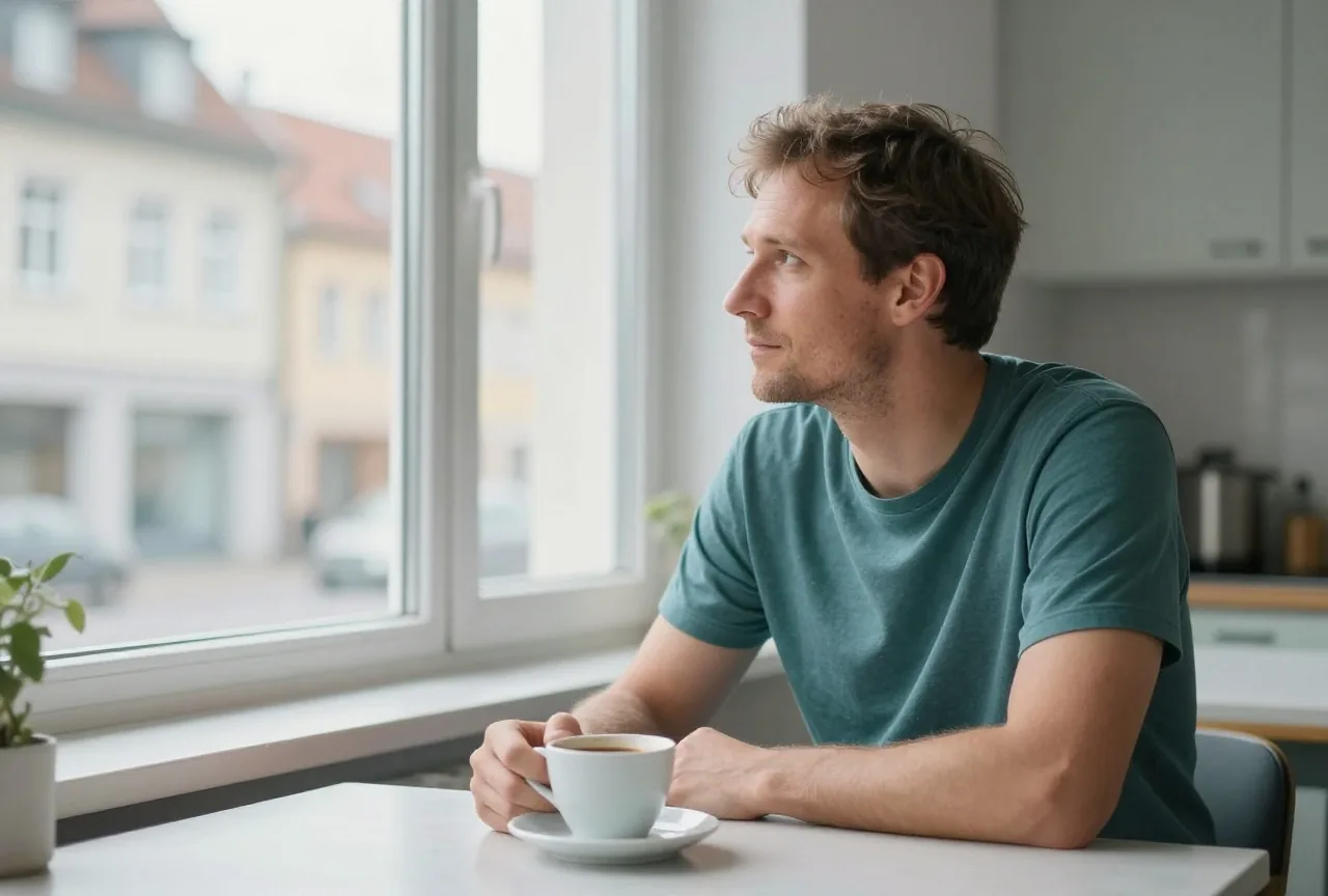 Ein Mann in den Vierzigern sitzt mit einer Tasse Kaffee am Küchentisch und blickt nachdenklich aus dem Fenster