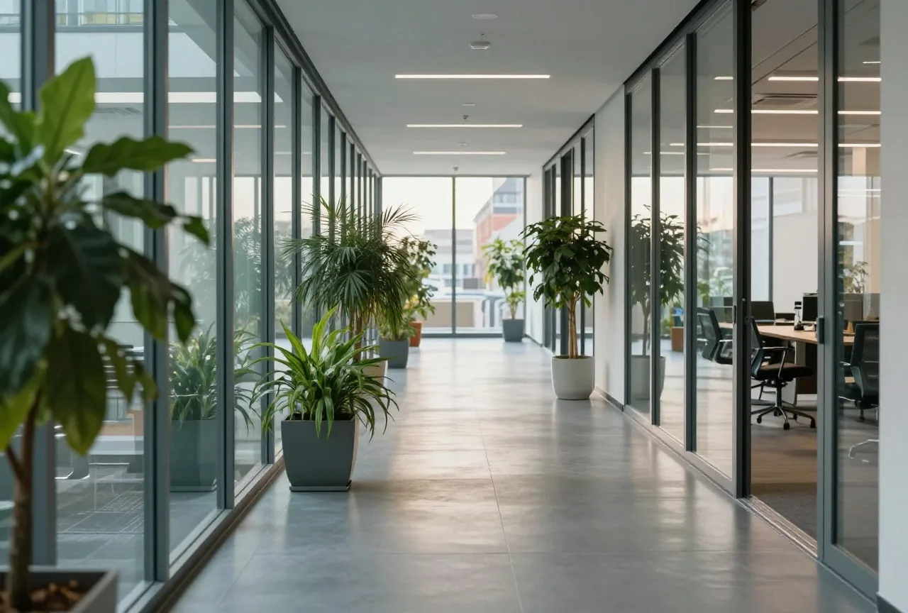 Ein ruhiger, moderner Büroflur mit Glaswänden und Grünpflanzen im Licht des späten Nachmittags