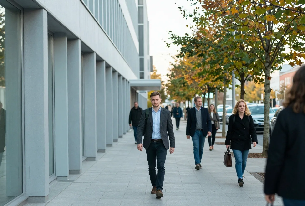 Ein Mann in den Dreißigern verlässt am frühen Nachmittag mit Rucksack ein modernes Bürogebäude, Bäume mit Herbstlaub