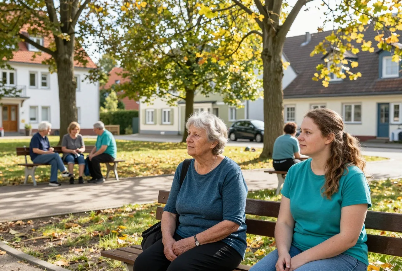 Eine ältere und eine jüngere Frau sitzen auf einer Gartenbank im ruhigen Park eines Pflegeheims, Herbstsonne