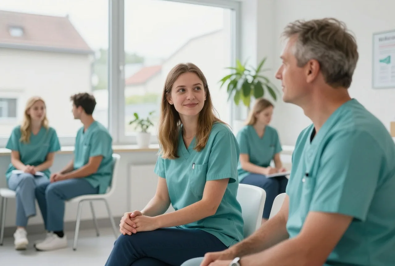 Eine junge Frau Ende zwanzig und ein Mann in den Fünfzigern sitzen im hellen Wartezimmer einer Arztpraxis