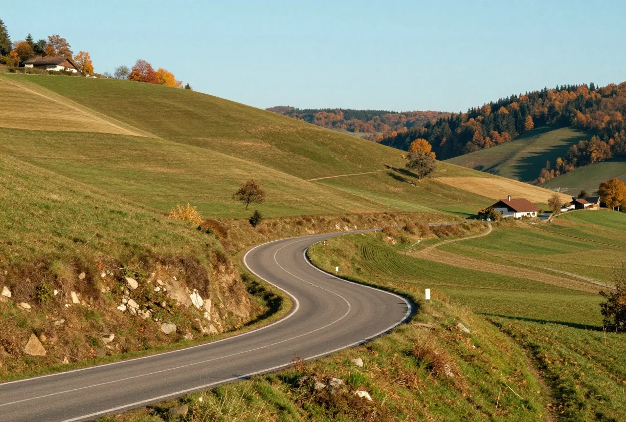 Eine kurvige Landstraße führt durch herbstliche Hügel sanft bergauf, von oben gesehen, Licht am späten Nachmittag