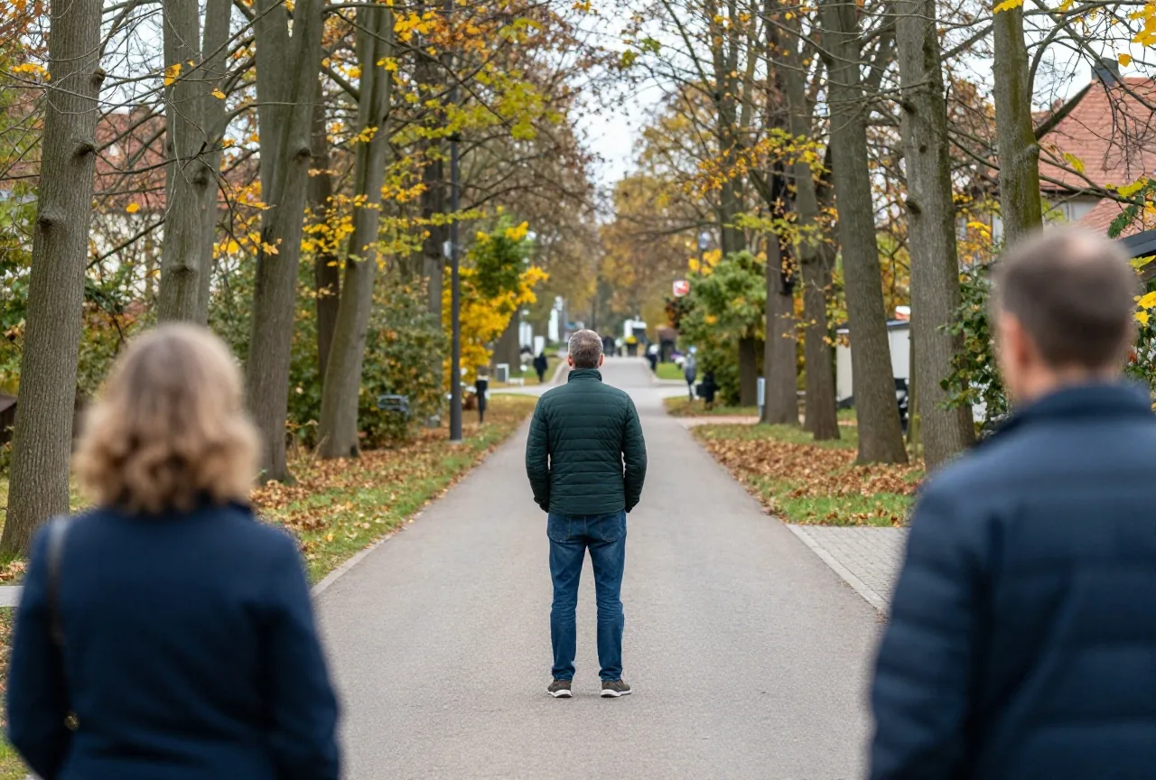 Ein Mann in den Fünfzigern steht im Herbst an einer Weggabelung im Wald und betrachtet die beiden Wege