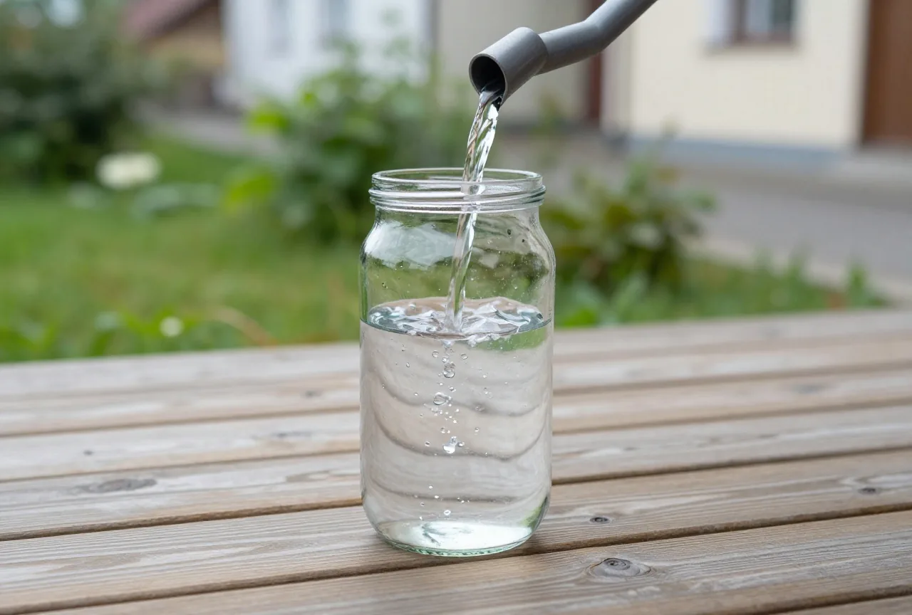 Ein Glasgefäß füllt sich auf einer Holzterrasse langsam mit Wasser aus einer Regenkette, dahinter ein grüner Garten