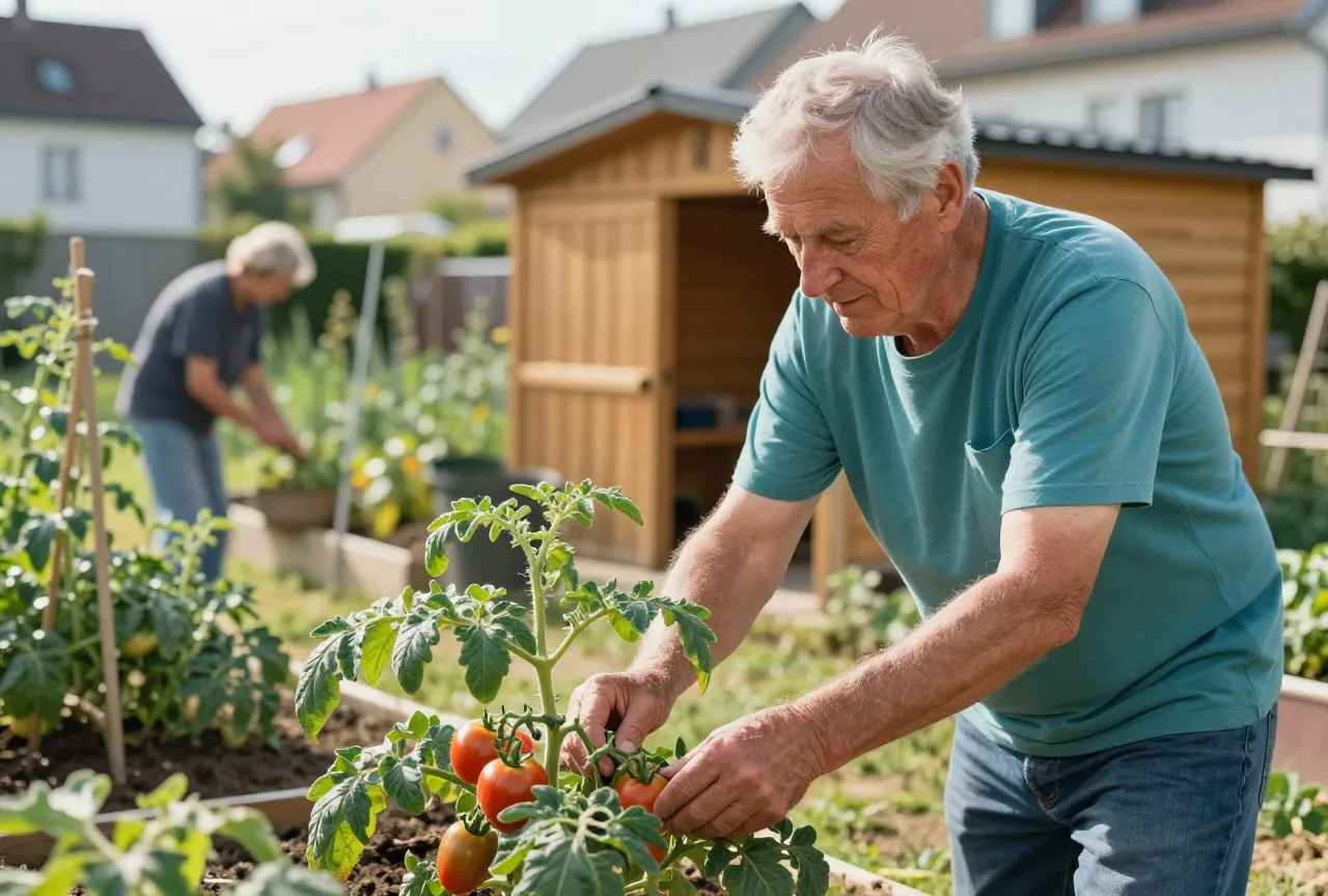 Ein Rentner Ende sechzig pflegt Tomatenpflanzen in einem kleinen Schrebergarten, Morgensonne, im Hintergrund ein Holzschuppen