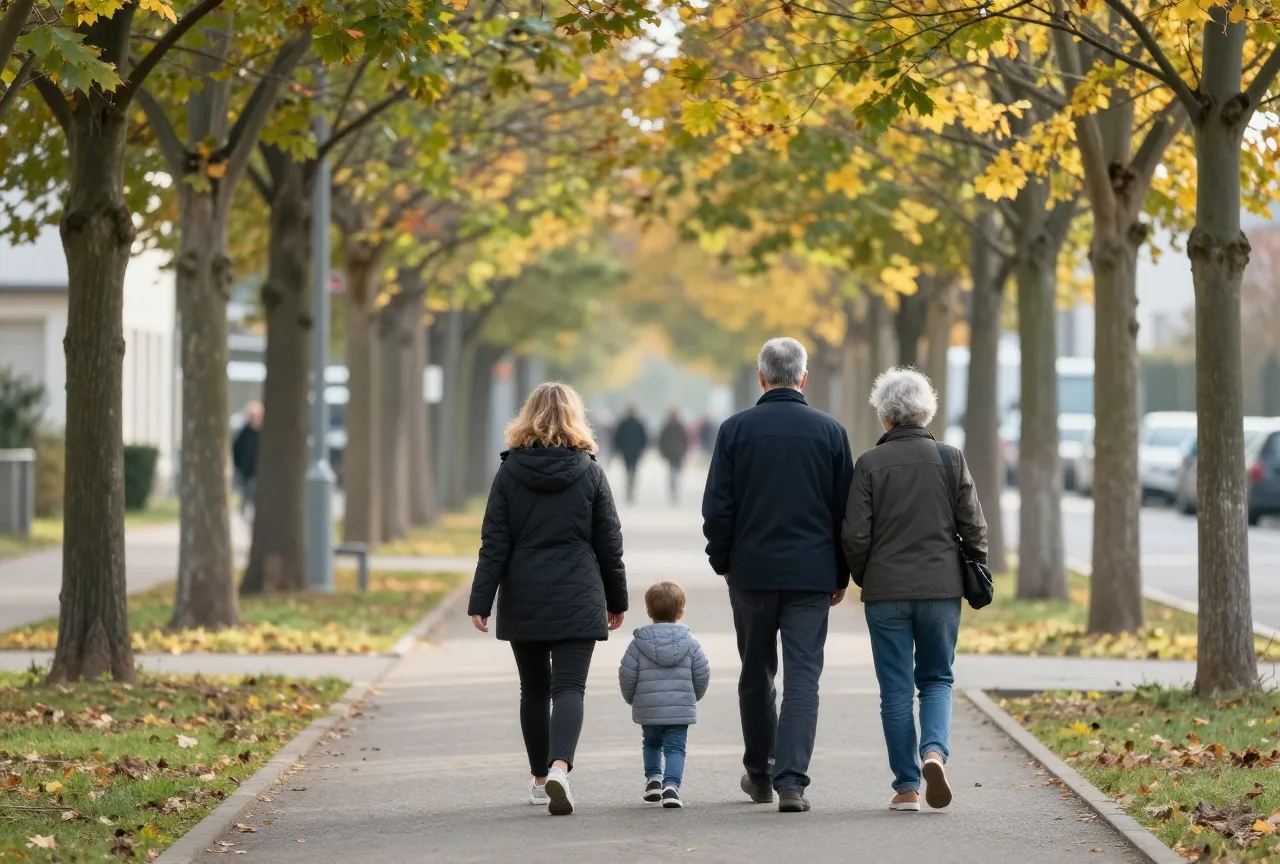 Zwei Erwachsene gehen von hinten gesehen einen ruhigen Weg unter Herbstbäumen entlang, warmes Nachmittagslicht
