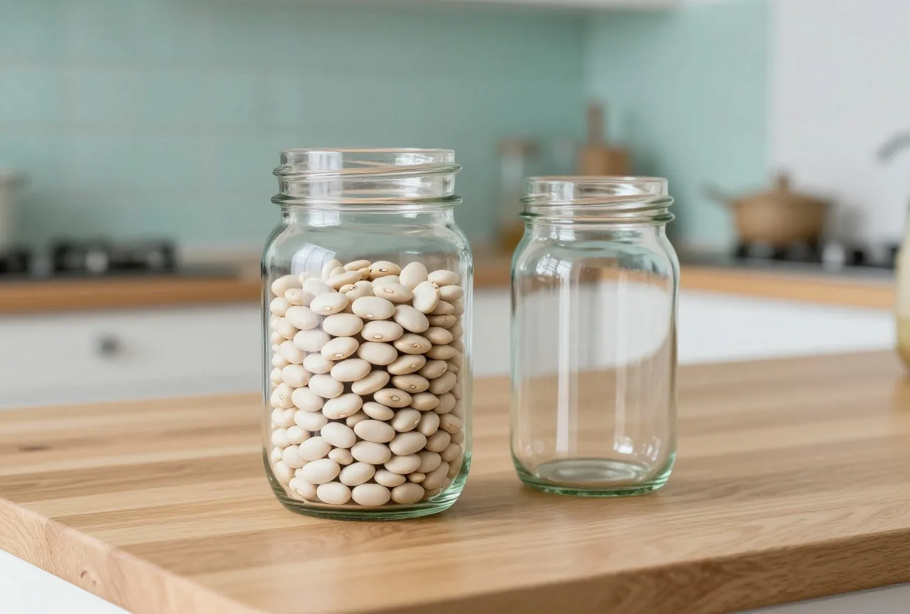 Ein halb mit weißen Bohnen gefülltes Glas steht neben einem leeren Glas auf einer hellen Holzarbeitsplatte