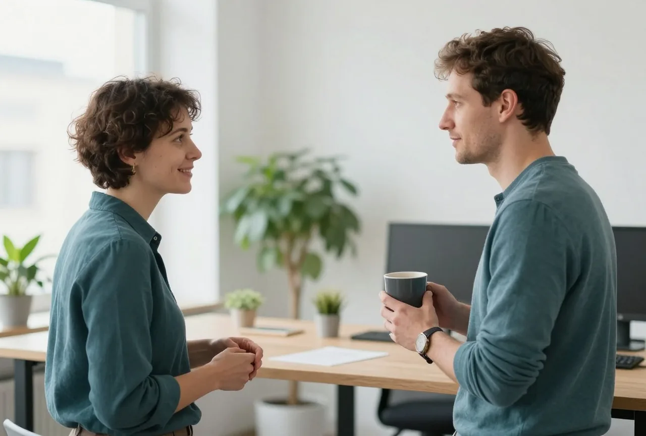 Zwei Kollegen in den Dreißigern unterhalten sich an einem Stehtisch in einem hellen Büro mit Pflanzen