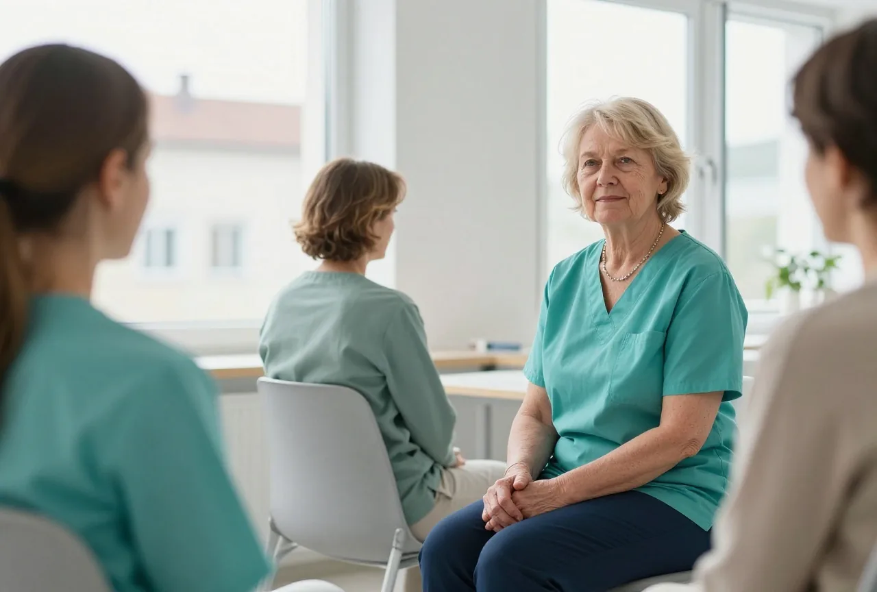 Eine Frau in den Sechzigern sitzt im Wartezimmer einer Praxis am Fenster, die Hände im Schoß gefaltet