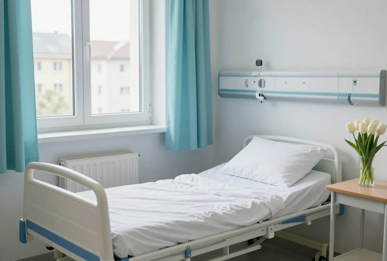 Ein helles Einzelzimmer im Krankenhaus mit gemachtem Bett, Fenster mit Vorhängen und einer Vase mit Tulpen