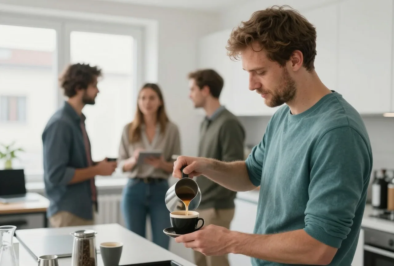Ein Mann in den Dreißigern gießt in einer hellen Büroküche Kaffee ein, im Hintergrund unterhalten sich Kollegen