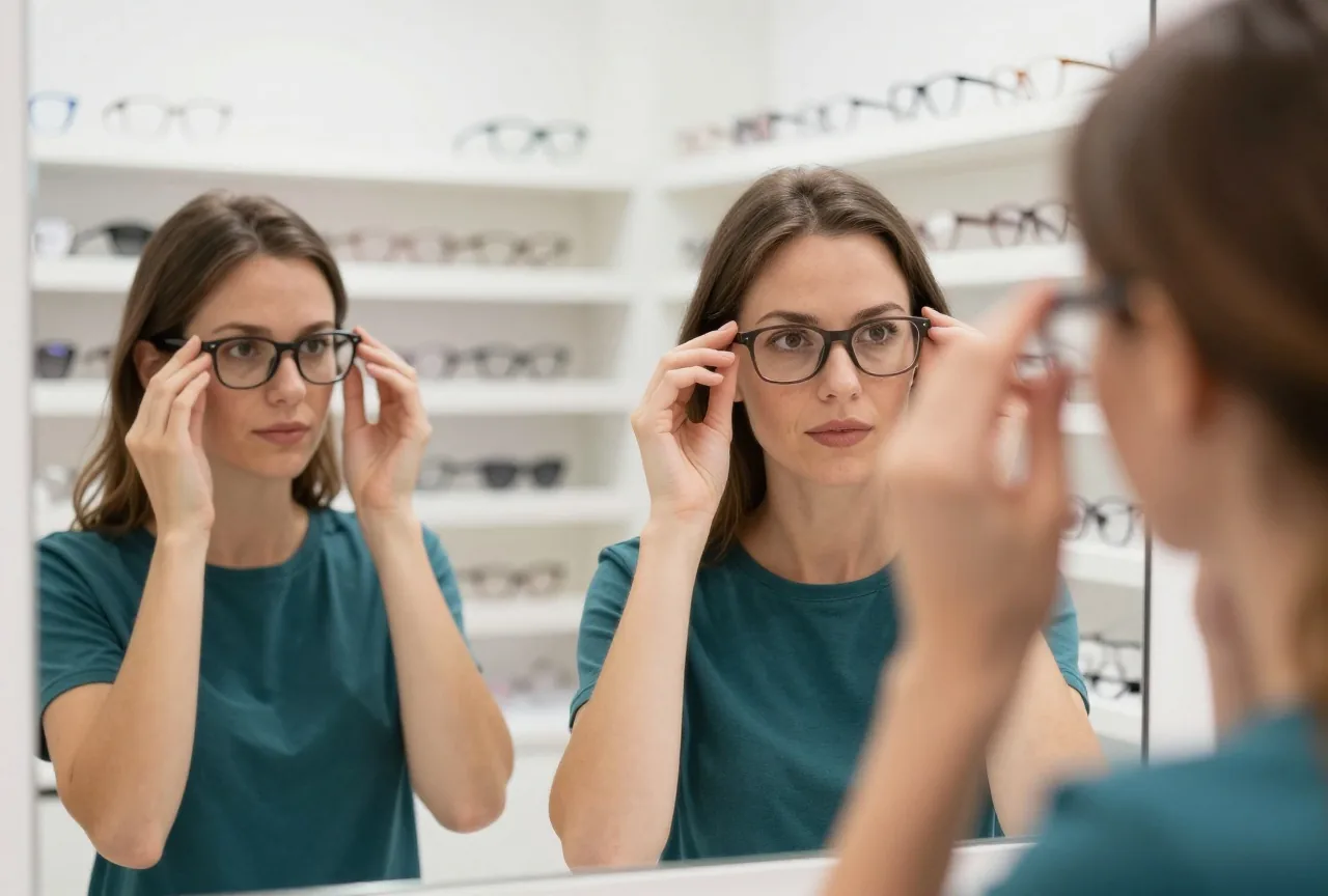 Eine Frau in den Dreißigern probiert in einem hellen Optikergeschäft vor einem Spiegel eine schlichte Brille an