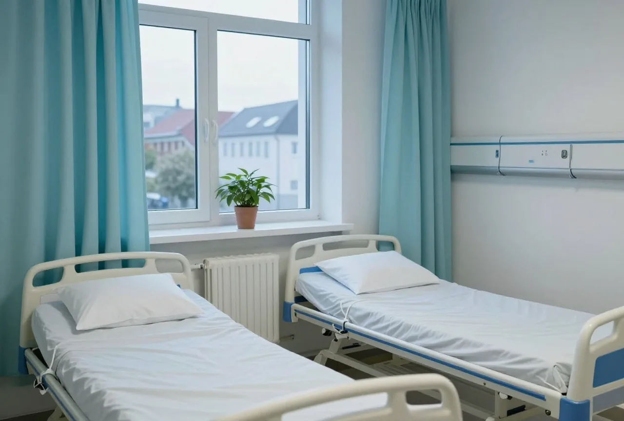 Ein Zweibettzimmer im Krankenhaus mit hellem Vorhang zwischen den Betten und einer Pflanze am Fenster