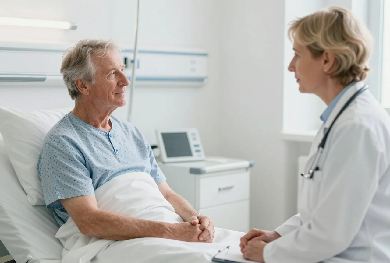 Eine Ärztin um die fünfzig im weißen Kittel spricht mit einem sitzenden Patienten in den Sechzigern am Bett