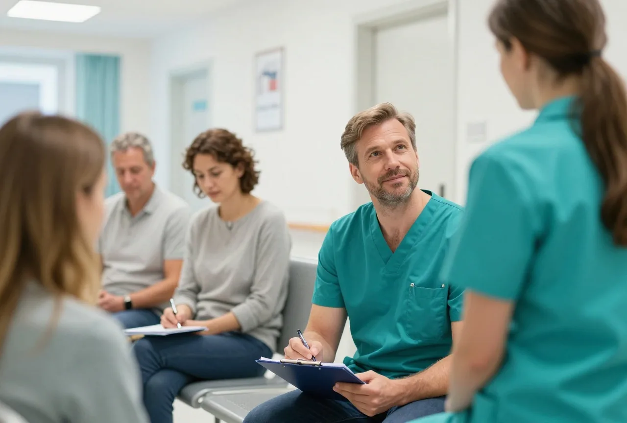 Ein Mann in den Vierzigern sitzt mit Klemmbrett und Stift in einer Krankenhausaufnahme, eine Pflegekraft von hinten