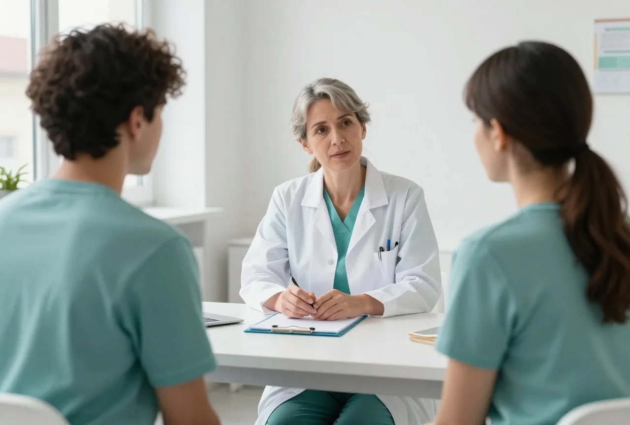 Eine Ärztin um die fünfzig spricht in einem hellen Behandlungsraum mit einem Patienten in den Dreißigern