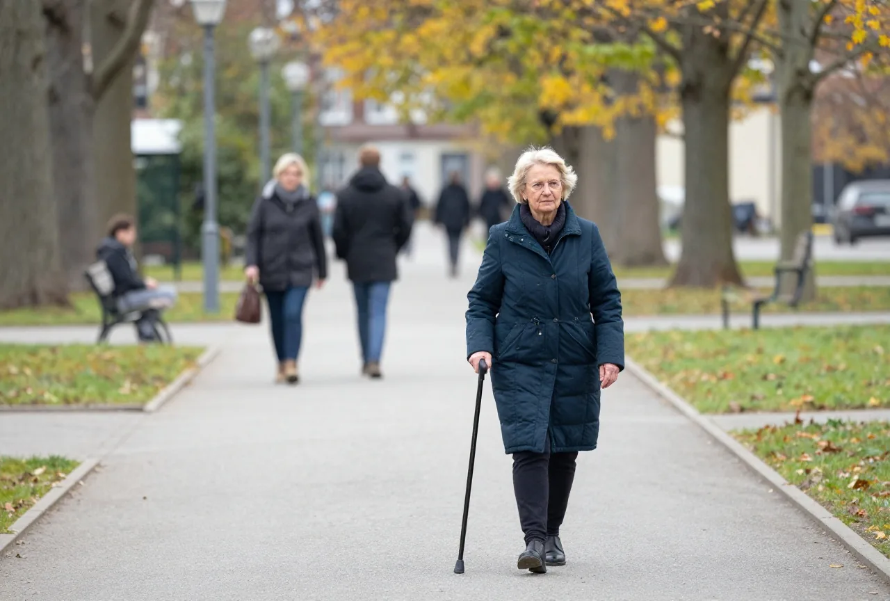 Eine Frau Ende fünfzig geht mit einem Gehstock langsam einen Parkweg im Herbst entlang