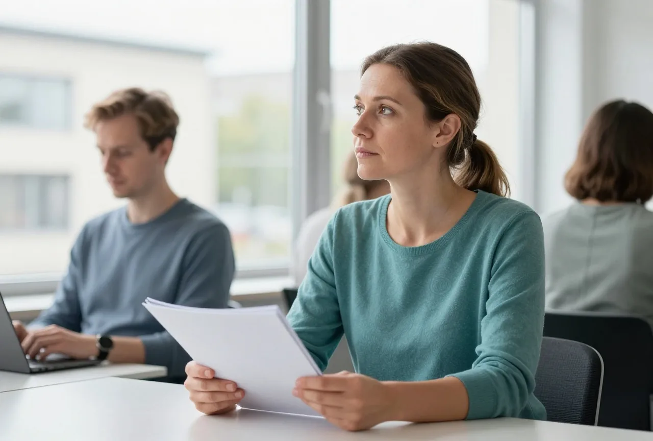 Eine Frau in den Vierzigern sitzt mit einer geschlossenen Mappe in den Händen am Schreibtisch am Fenster