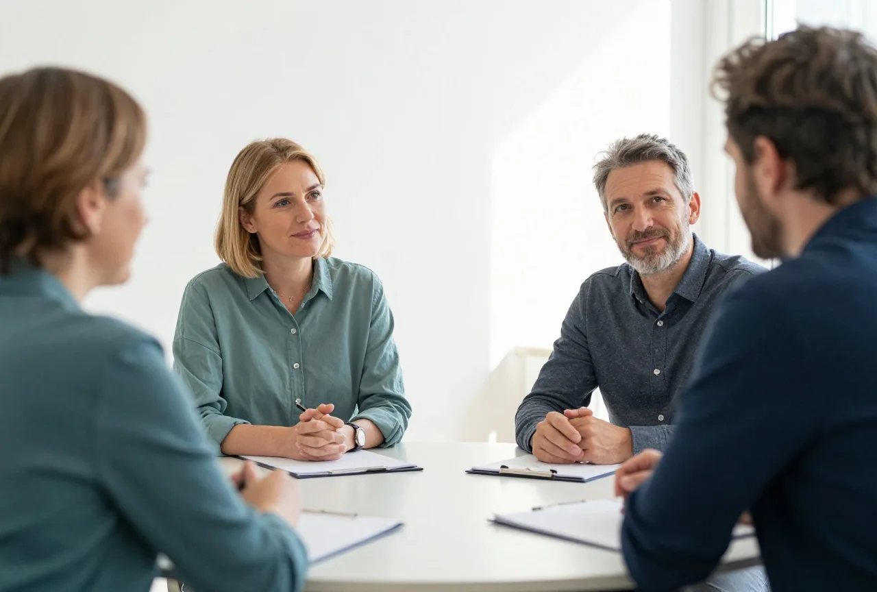 Zwei Menschen in den Fünfzigern sprechen an einem runden Tisch in einem hellen Besprechungsraum