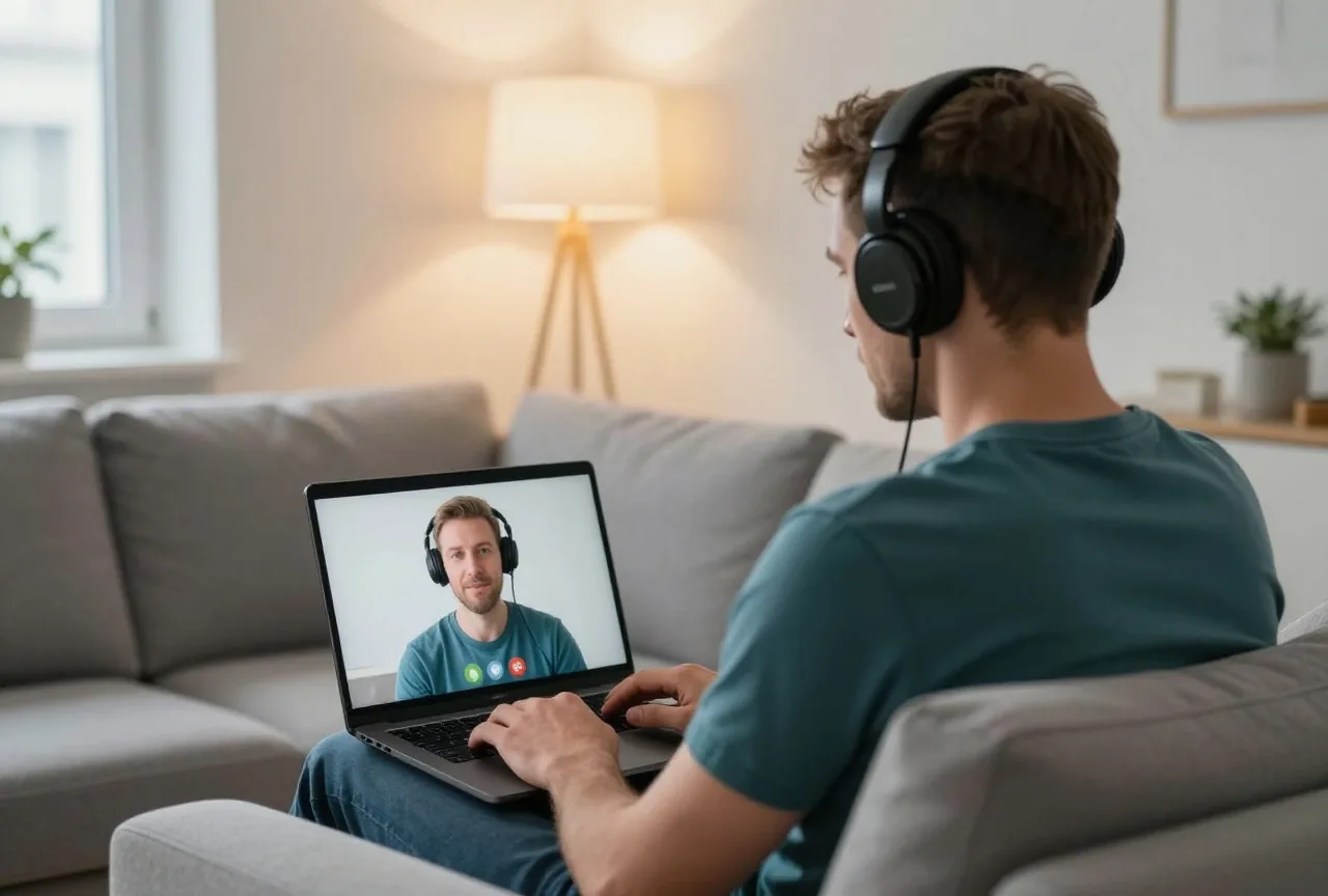 Ein Mann in den Fünfzigern sitzt abends mit Kopfhörern auf dem Sofa, Laptop von hinten zu sehen