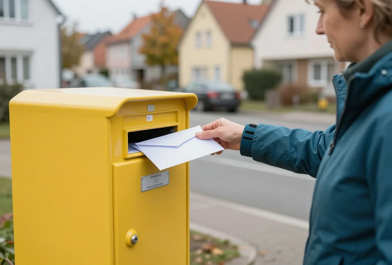Eine Frau in den Sechzigern wirft einen weißen Umschlag in einen gelben Briefkasten in einer ruhigen Wohnstraße