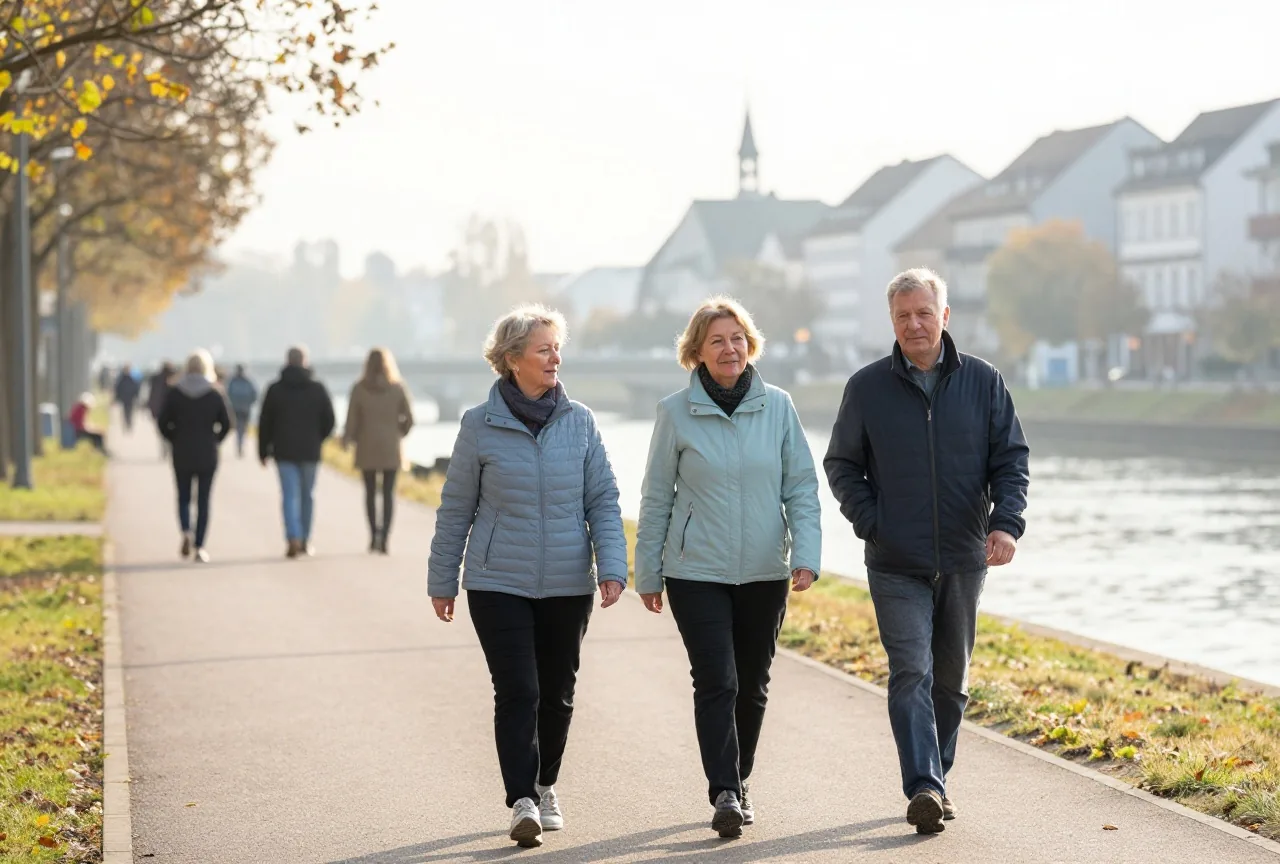 Eine Frau und ein Mann in den Sechzigern gehen morgens zügig einen Weg am Fluss entlang, weiches Herbstlicht