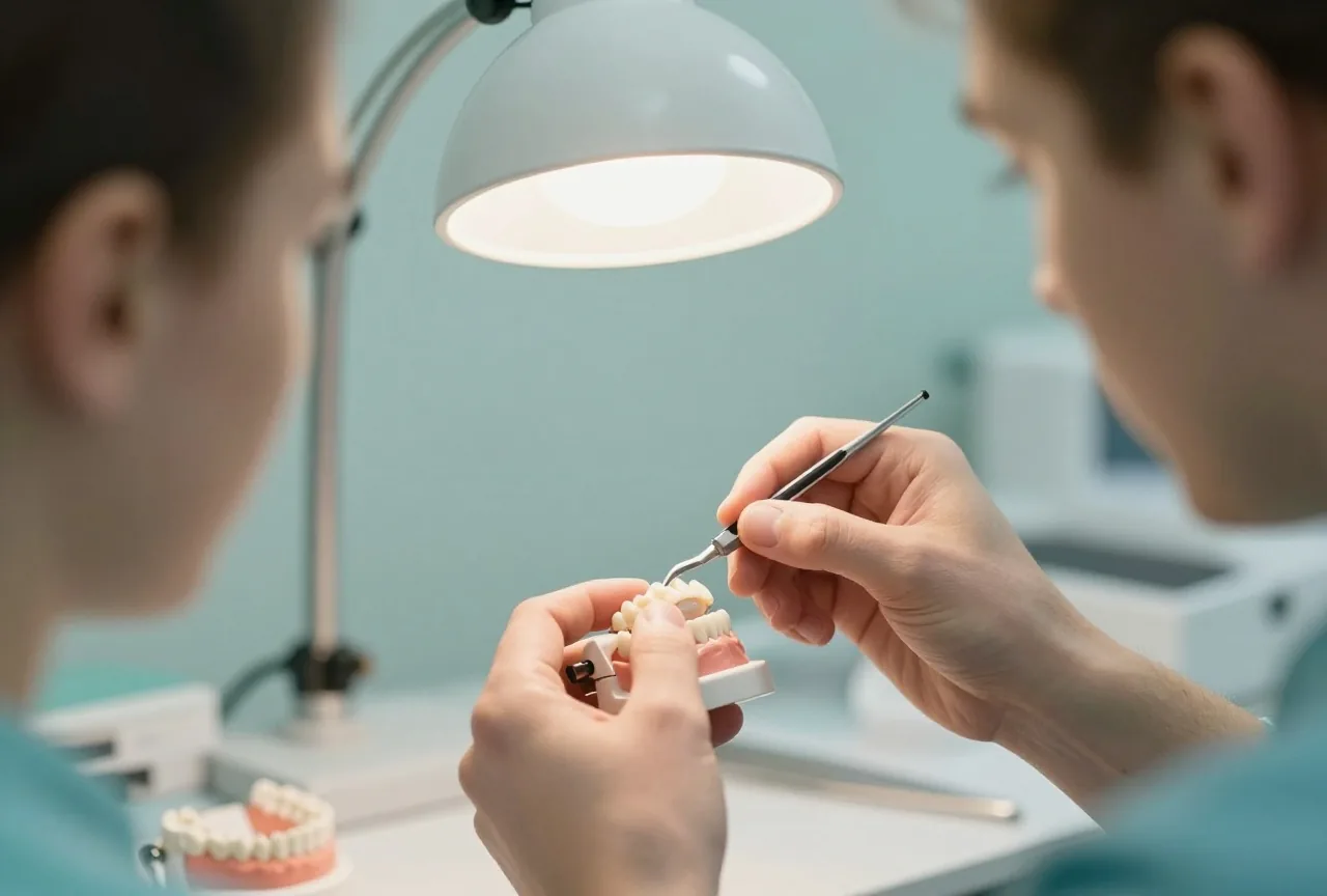 Hände eines Zahntechnikers formen im Labor eine weiße Keramikkrone auf einem kleinen Zahnmodell