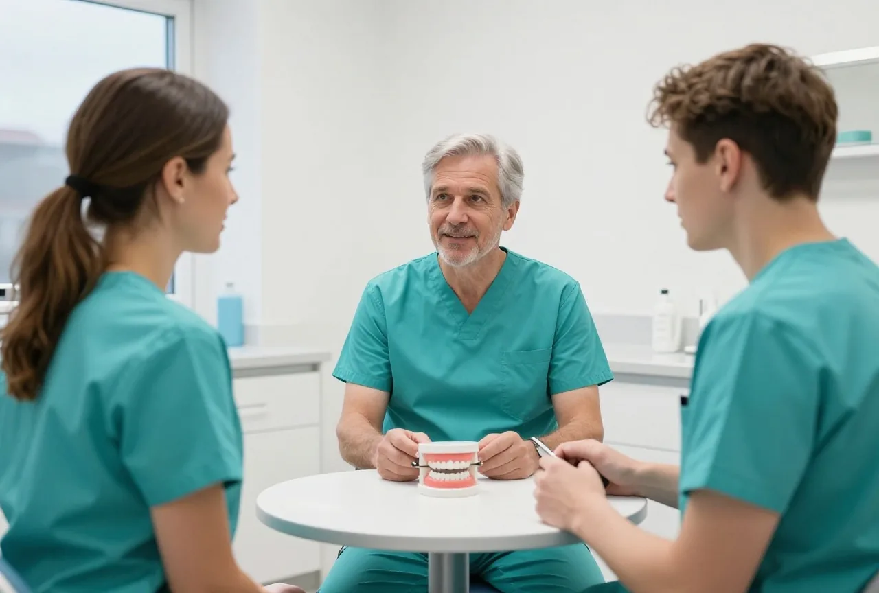 Ein Zahnarzt in den Fünfzigern spricht mit einer Patientin in den Vierzigern an einem kleinen runden Tisch