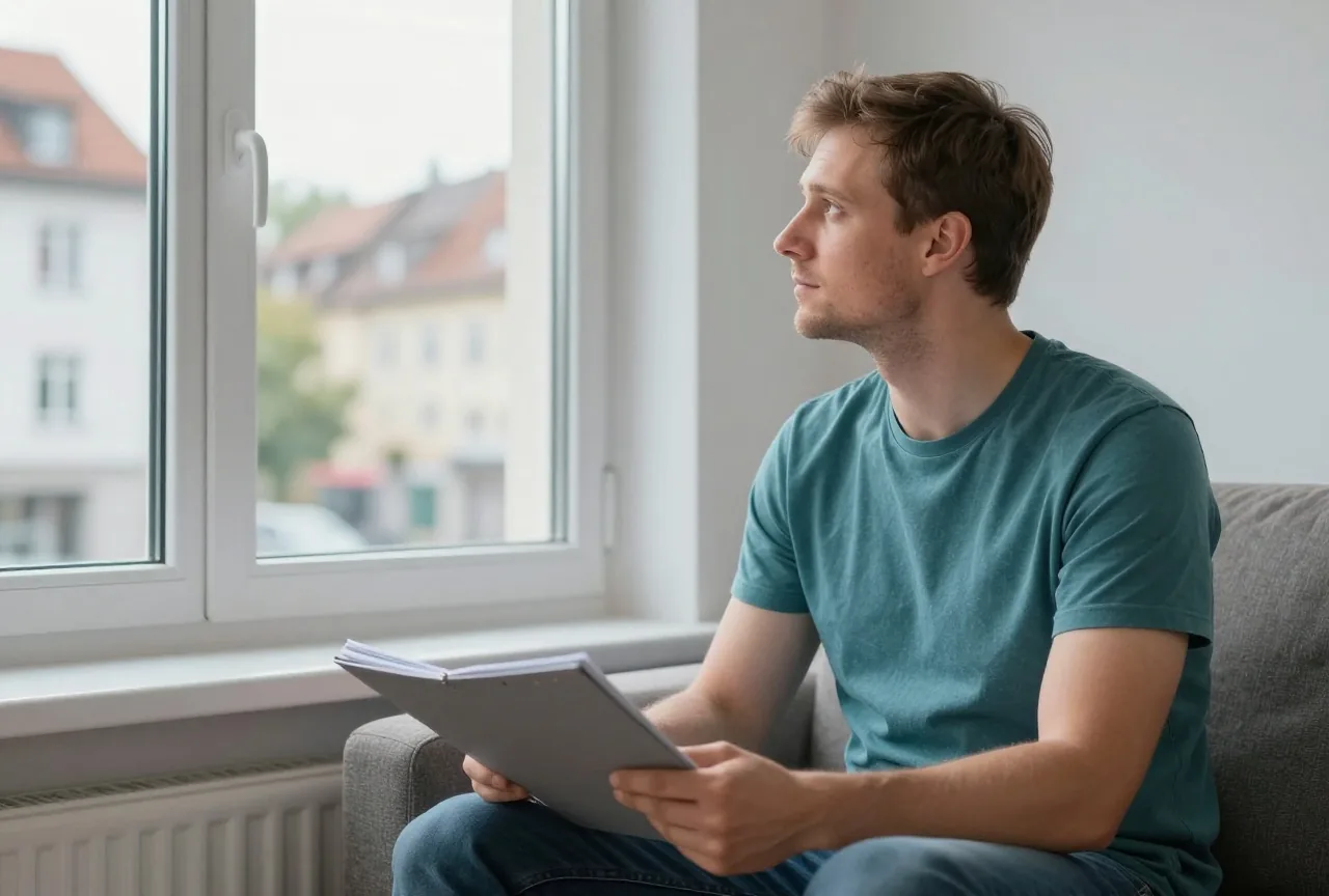 Ein Mann Ende dreißig sitzt nachdenklich auf dem Sofa, eine geschlossene graue Mappe auf den Knien, Abendlicht