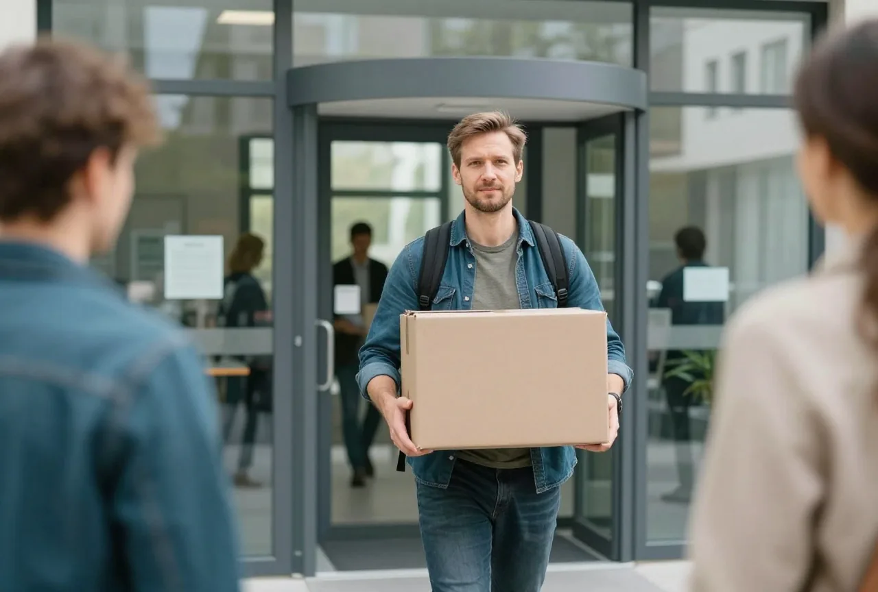 Ein Mann in den Vierzigern trägt einen Karton aus einem Bürogebäude hinaus ins Tageslicht