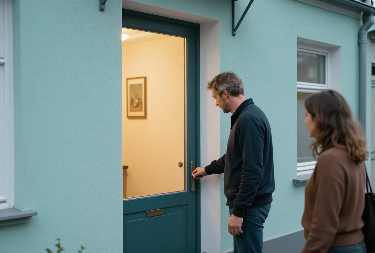 Ein Mann in den Fünfzigern schließt am Abend die Haustür eines Reihenhauses auf, warmes Licht im Flur