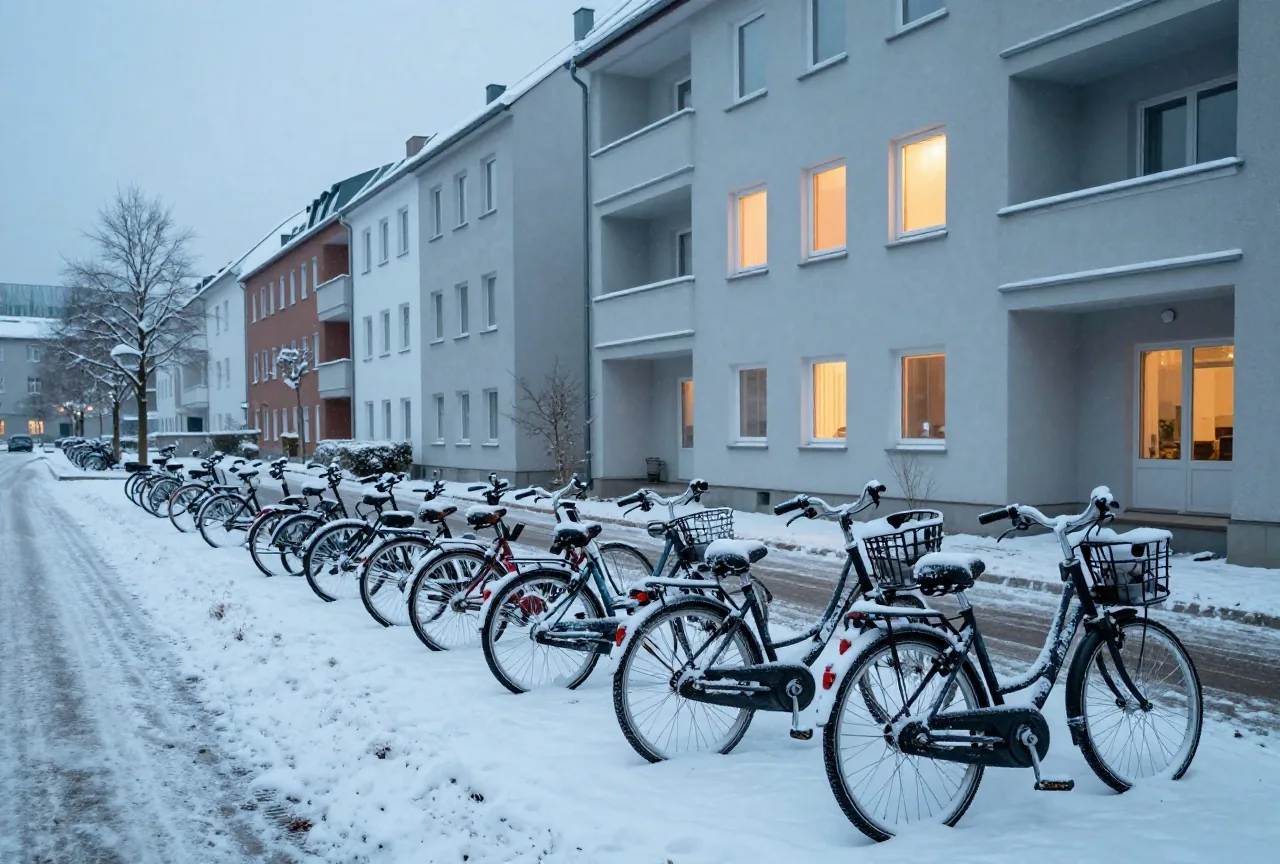 Eine ruhige Straße am Winterabend mit verschneiten Fahrrädern und warm erleuchteten Fenstern