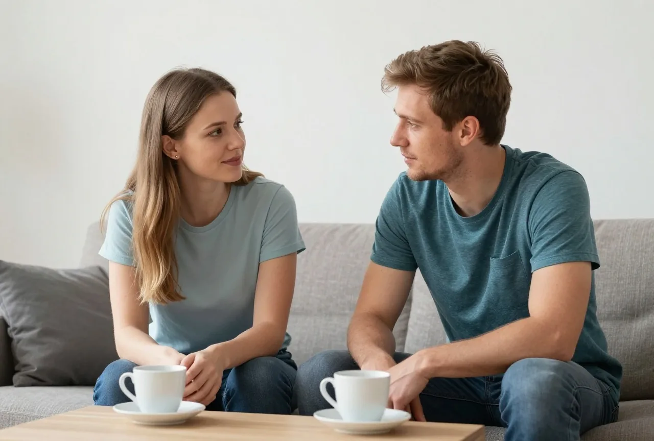 Ein Paar in den Dreißigern sitzt im hellen Wohnzimmer auf dem Sofa und unterhält sich
