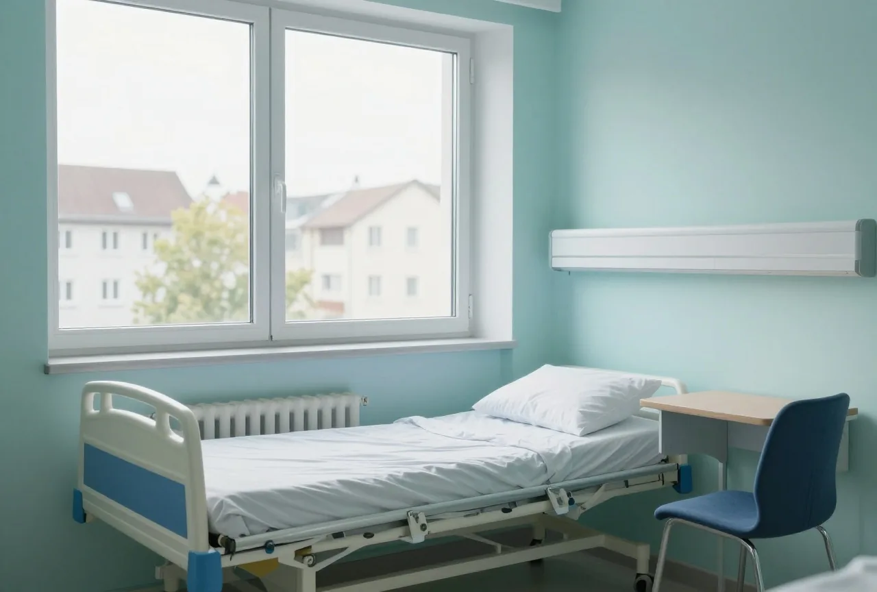 Ein helles Krankenhauszimmer mit einem gemachten Einzelbett am großen Fenster, Stuhl und kleinem Tisch