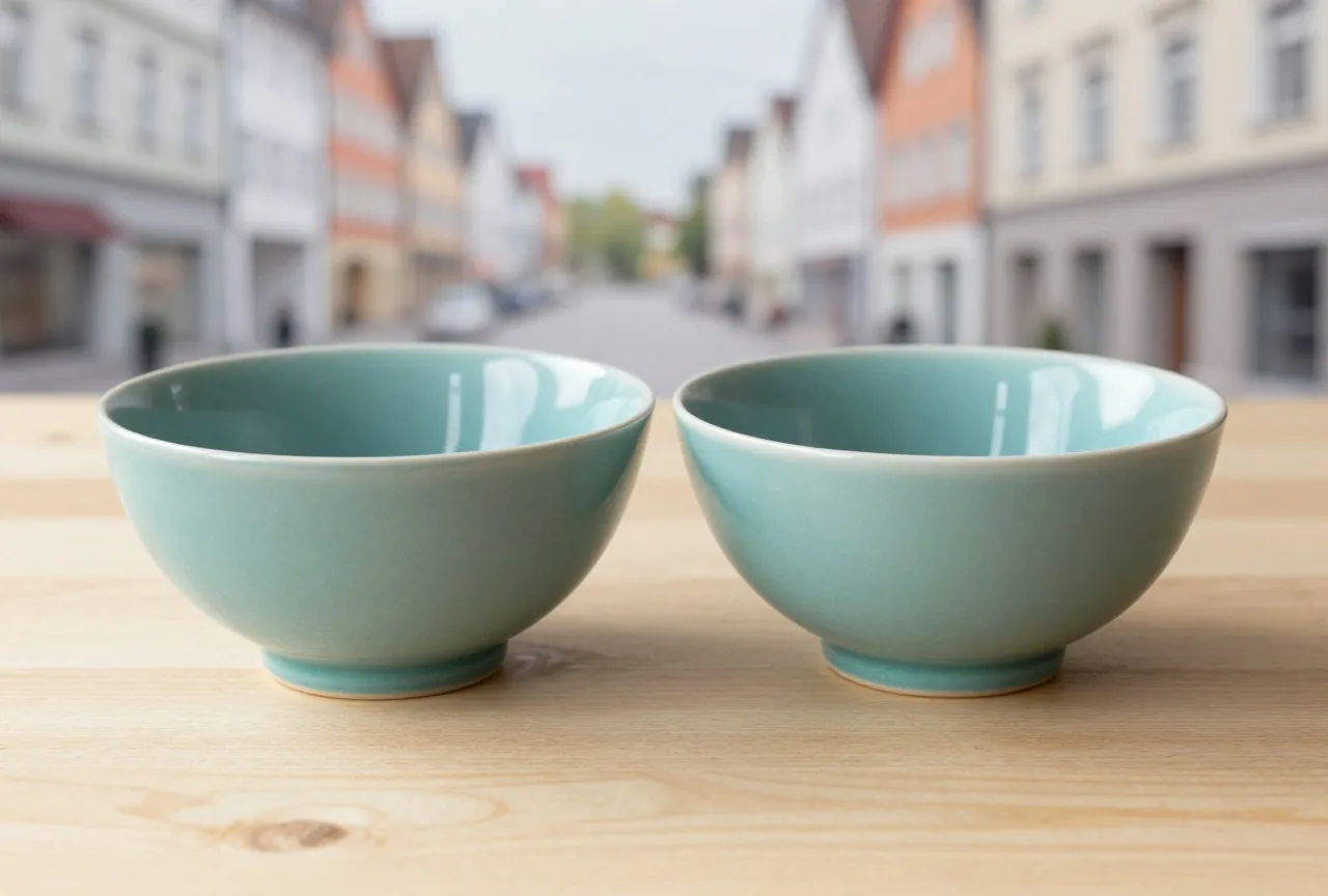 Zwei ähnliche Keramikschalen von unterschiedlicher Tiefe stehen nebeneinander auf einem hellen Holztisch