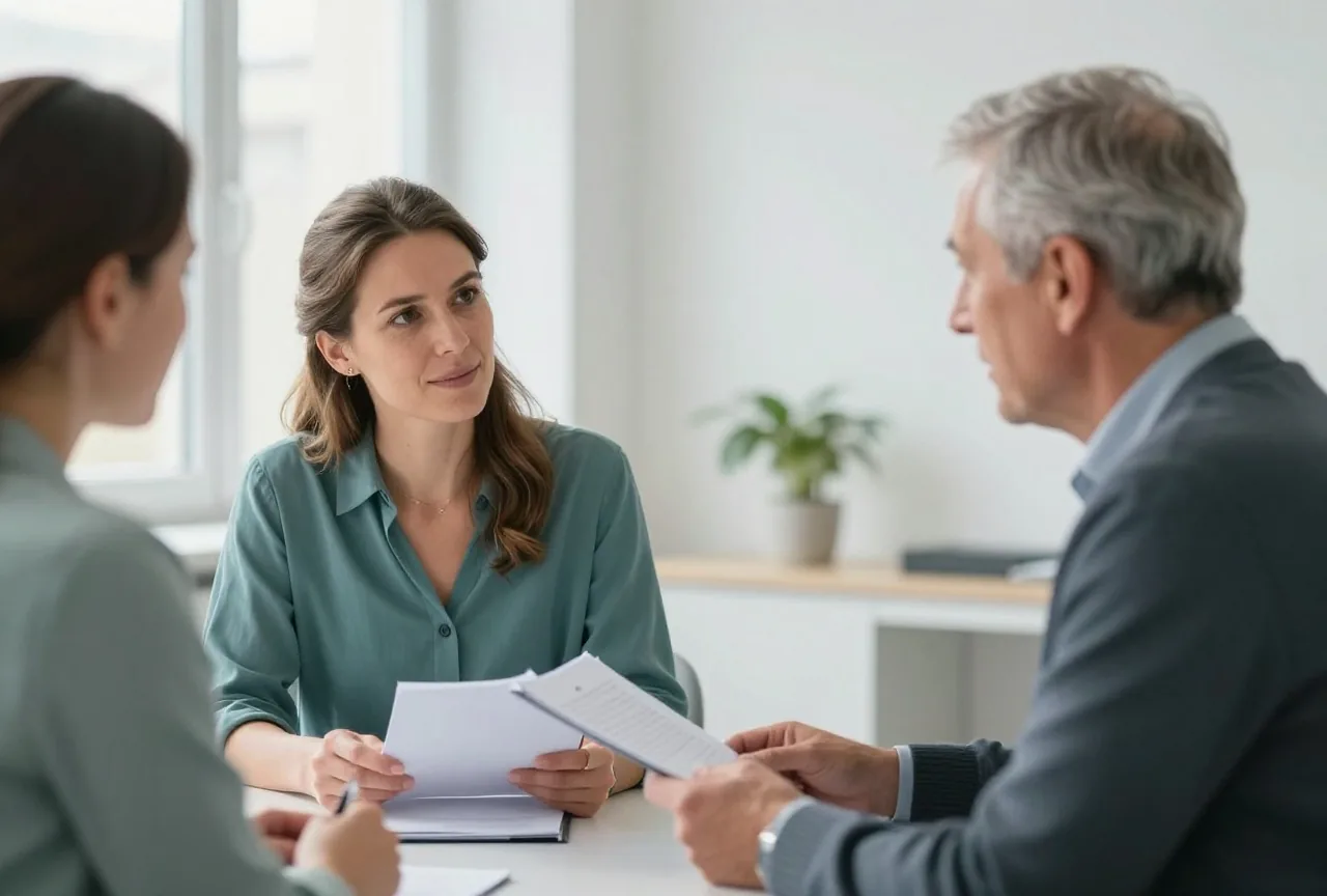 Eine Beraterin in den Vierzigern und ein Mann in den Sechzigern sprechen in einem hellen Büro am Schreibtisch