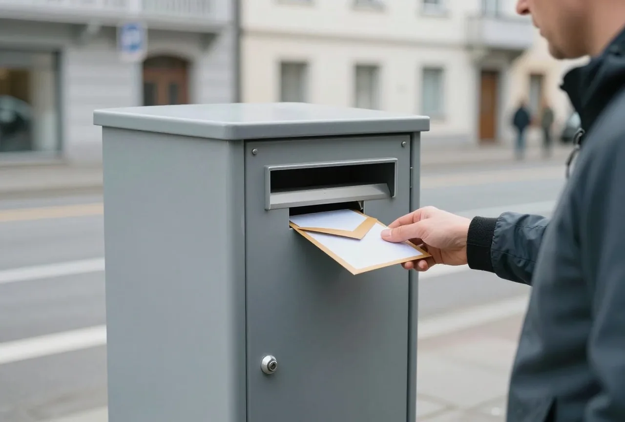 Ein Mann in den Fünfzigern wirft am Morgen in einer ruhigen Straße einen Umschlag in einen Briefkasten