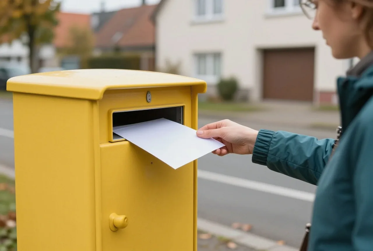 Eine Frau in den Fünfzigern wirft in einer ruhigen Wohnstraße im Herbst einen weißen Umschlag in einen Briefkasten