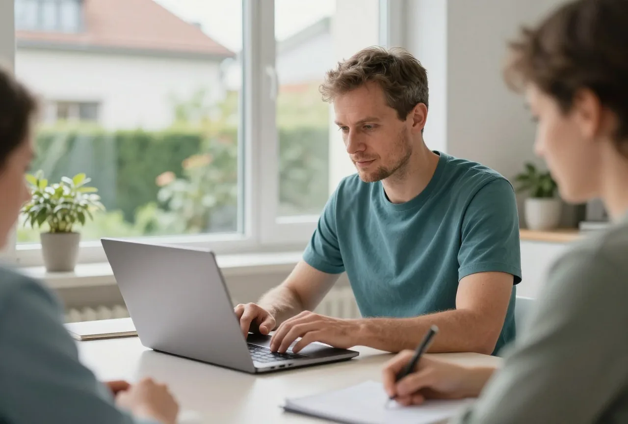 Ein Mann in den Vierzigern klappt am frühen Nachmittag an einem aufgeräumten Schreibtisch zu Hause den Laptop zu