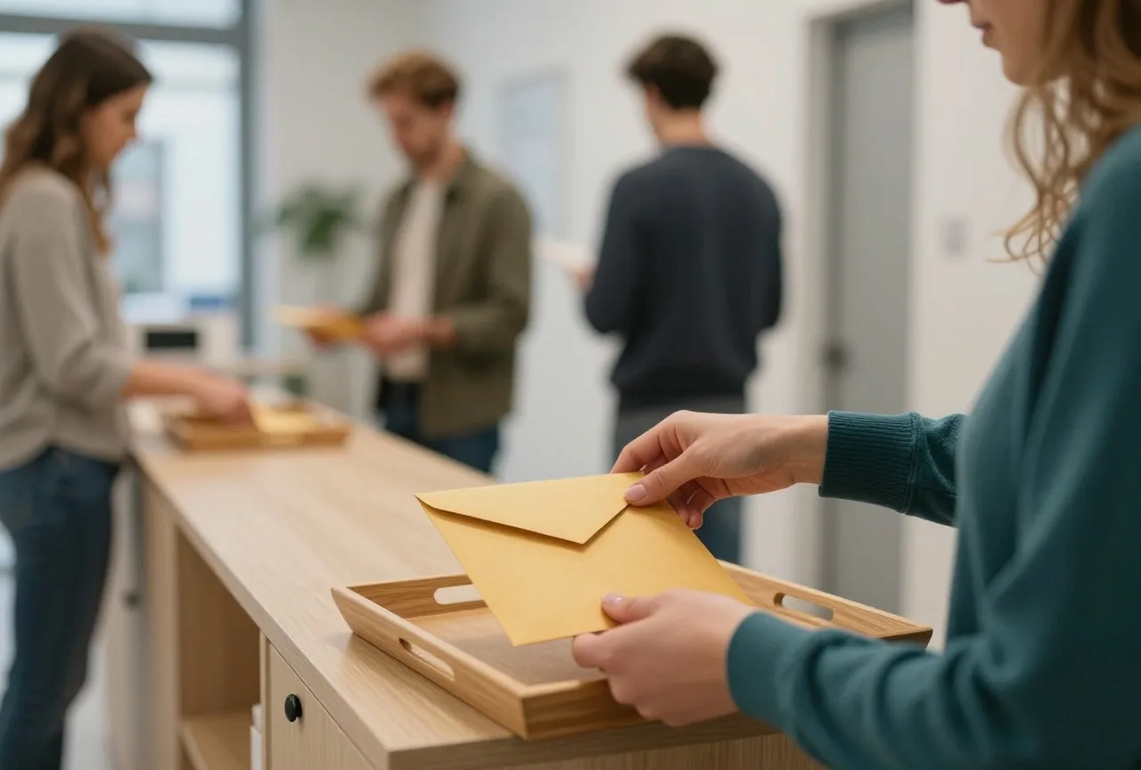 Eine Frau in den Dreißigern legt einen schlichten Umschlag in eine hölzerne Ablage auf einer Flurkommode