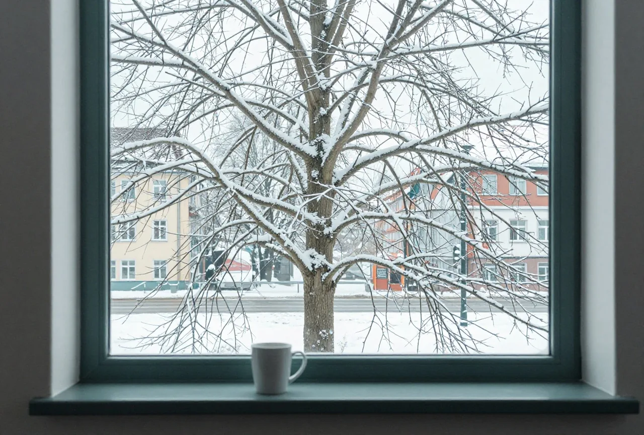 Ein kahler Baum mit etwas Schnee hinter einem großen Bürofenster, auf der Fensterbank steht ein Kaffeebecher