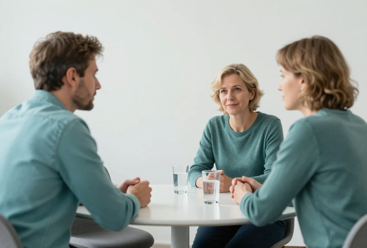 Ein Mann in den Vierzigern und eine Frau in den Fünfzigern sprechen an einem kleinen runden Besprechungstisch
